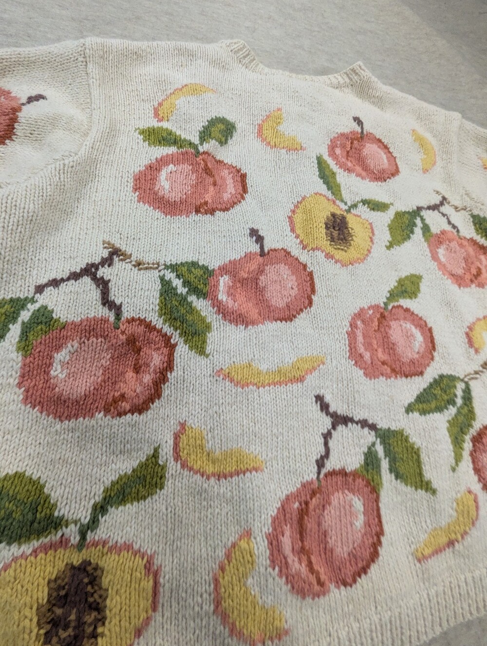 Vintage Fruit Peaches Knit Cardigan Linen Talbots Jacquard Cotton Rare Unique XL - Picture 4 of 12